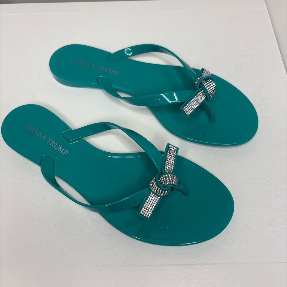 Ivanka Trump Green (Teal) Thong Sandals with Rhinestone Bow